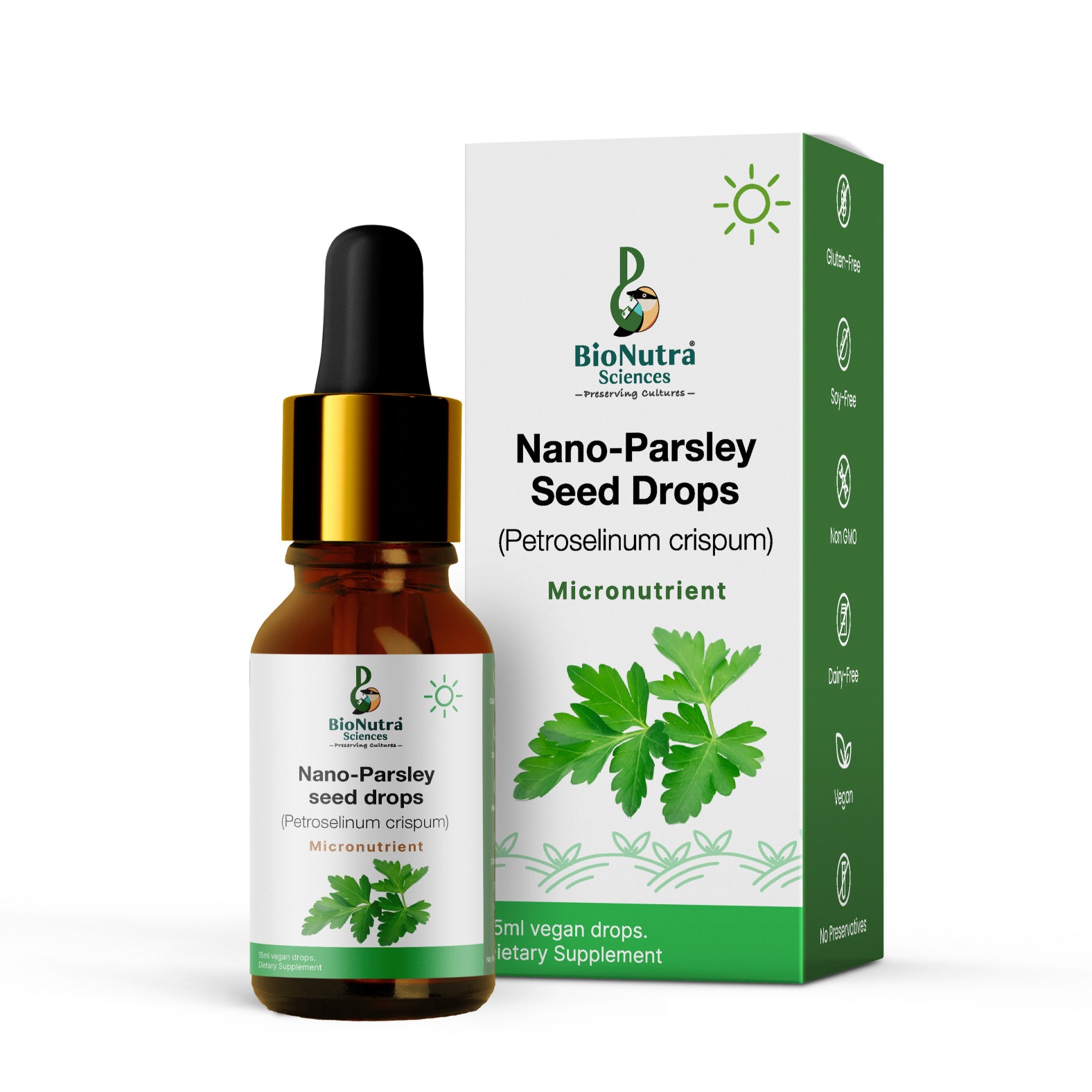 Nano Parsley seed micronutrient extracts drops, vegan- vegetarian, dietary supplement, bioavailable active micro nutrient