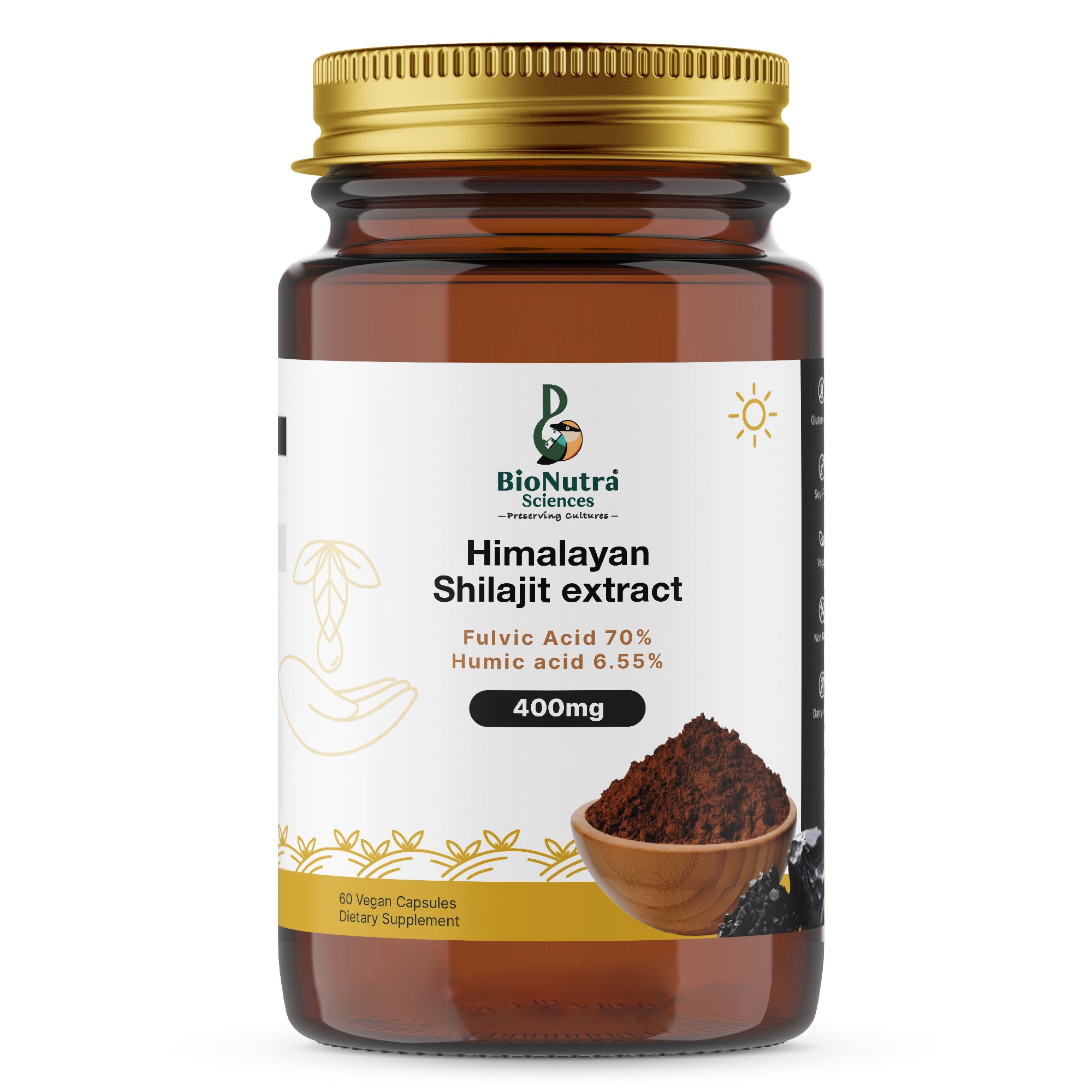 Himalayan Shilajit / Asphaltum extracts,  400mg vegetarian- vegan capsules with Fulvic Acid 70% and Humic acid 6.55%