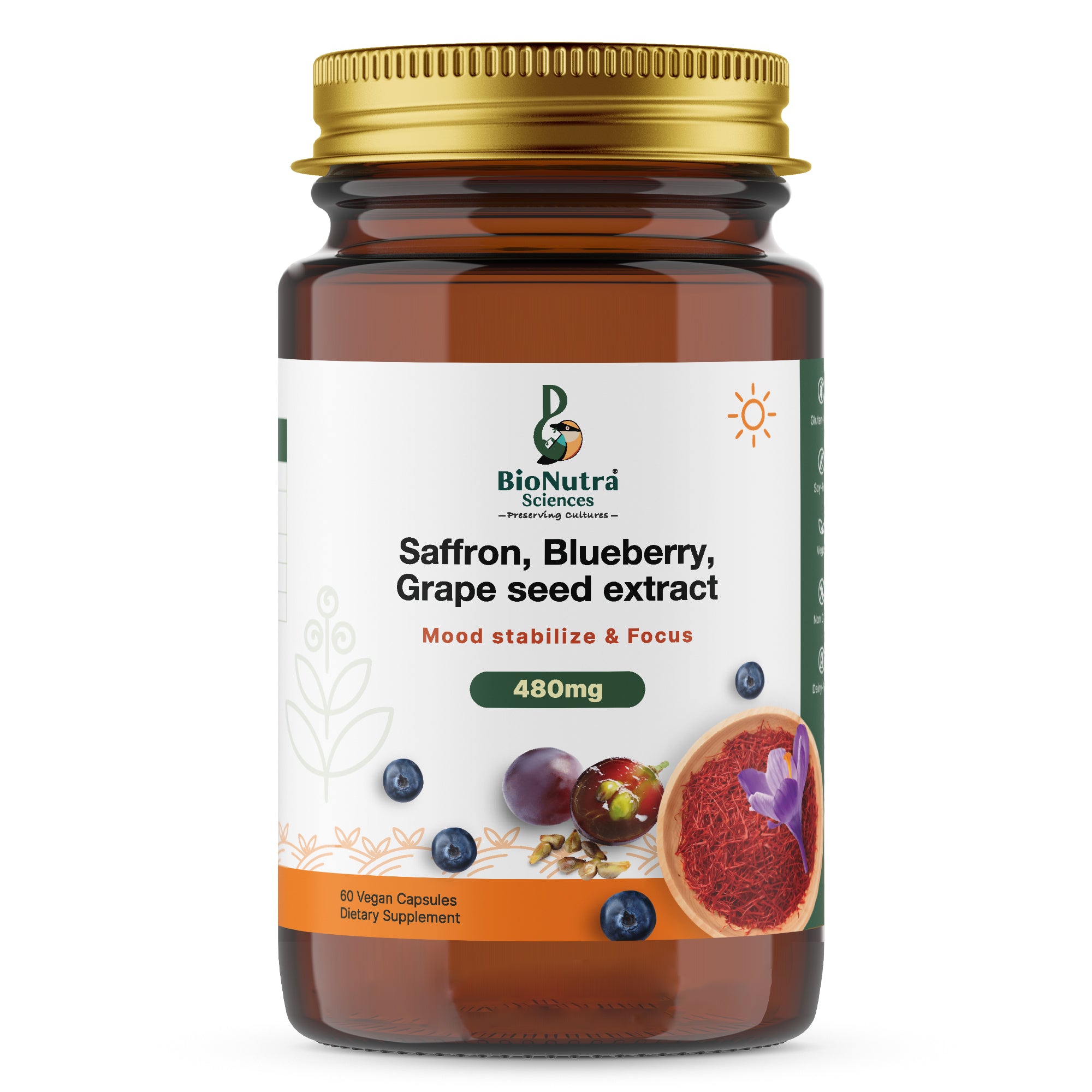 Advanced Saffron, Blue berry, Grapeseed extract - Vegetarian-Vegan Capsules, Dietary supplement