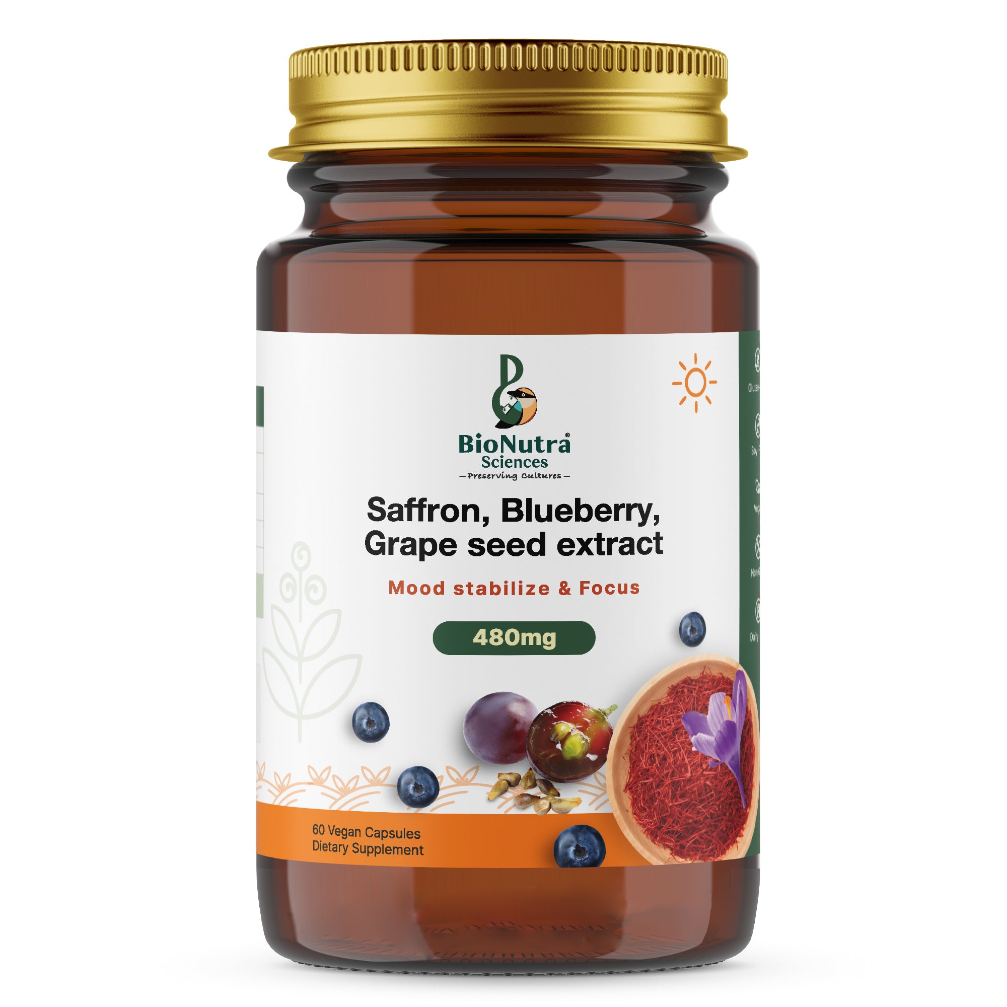 Advanced Saffron, Blue berry, Grapeseed extract - Vegetarian-Vegan Capsules, Dietary supplement