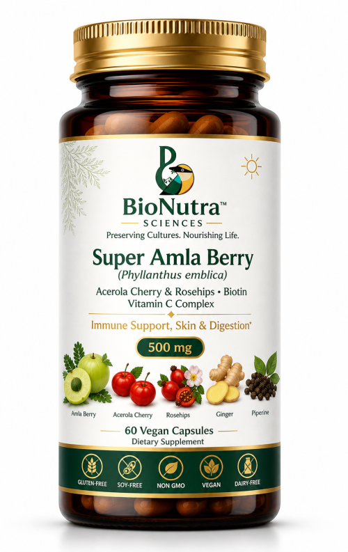 Super Amla Berry/ Indian Gooseberry, Vitamin C, Acerola Cherry extract, Rosehip extract with 4000mcg of Biotin, Lime juice powder vegan capsules, dietary supplement, nutrition, minerals-60 capsules