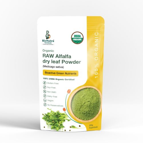 Organic RAW Alfalfa dry leaf powder, USDA organic certified, dietary supplement, vegan, vegetarian, unprocessed, no preservatives, superfoods