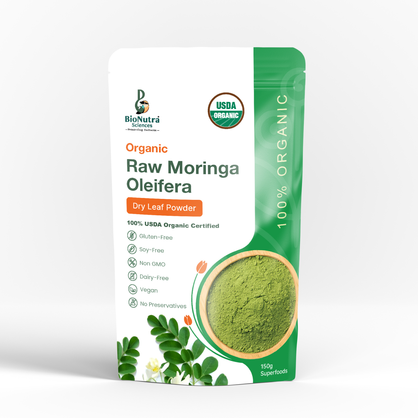 Organic RAW Moringa Oleifera dry leaf powder, USDA organic certified, superfoods, dietary supplement, unprocessed, no preservatives – 150 grams